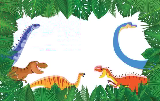 Cartoon dinosaurs at tropical jungle forest frame vector