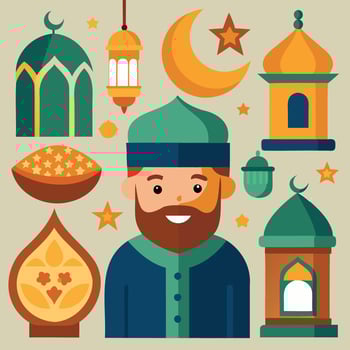Islamic ramadan flat icons set with a man and a mosque vector