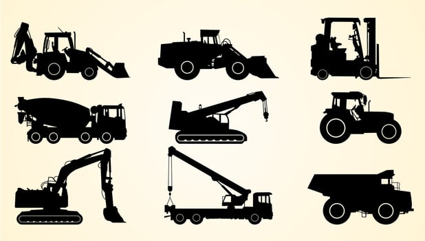 Construction vehicles lined up, depicted as black silhouettes on a light background. vector