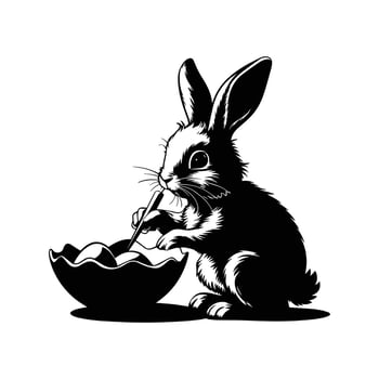 Bunny Mixing Easter Egg Illustration - Cute Rabbit Art in Black and White vector