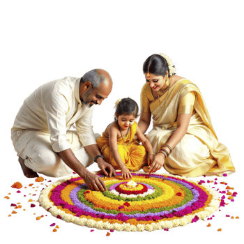 A family is making a rangoli with flowers png