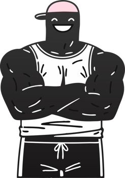 Cartoon Smiling Muscle Man in Tank Top and Cap with Folded Arms png