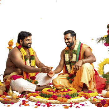 Two men sitting on a flower arrangement png