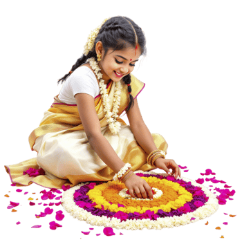 A young girl in a traditional sari is making a rangoli png