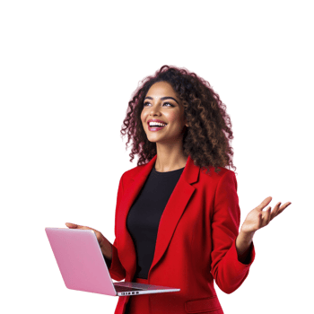 A woman in a red suit holding a laptop png