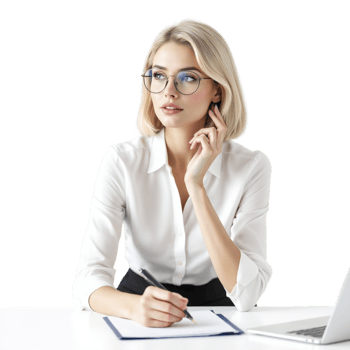 A woman in glasses sitting at a desk with a notebook png