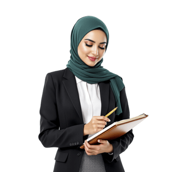 Young muslim woman in hijab writing on a clipboard png