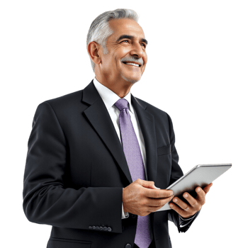 A man in a suit and tie holding a tablet computer png