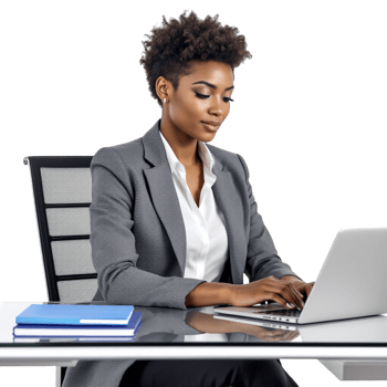 A business woman in a suit sitting at a desk with a laptop png
