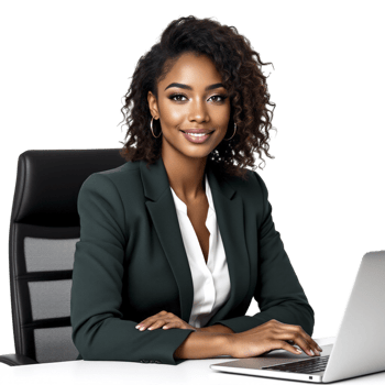 A beautiful young woman in a business suit sitting at her desk with a laptop png