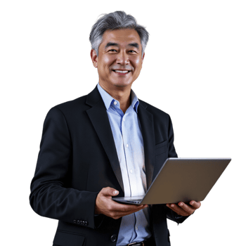 A man in a suit holding a laptop png