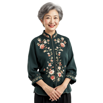 An asian woman in a floral embroidered blouse png