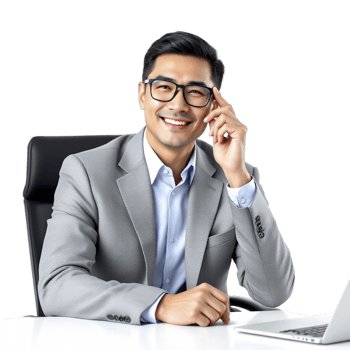A man in a suit and glasses sitting at a desk with a laptop png