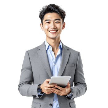 Asian businessman holding tablet computer png