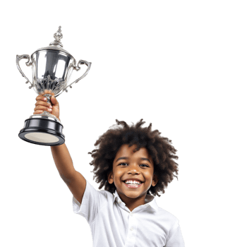 A young boy holding up a trophy png