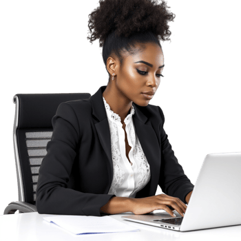 A business woman in a suit sitting at a desk with a laptop png