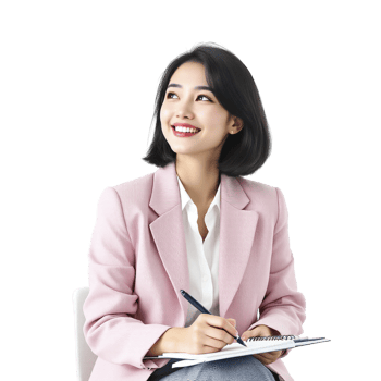 Asian woman in pink suit sitting on chair with notebook png