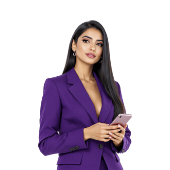 A woman in a purple suit holding a cell phone png