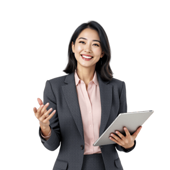 Asian business woman holding a tablet and gesturing png