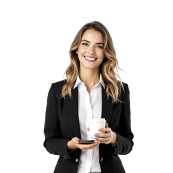 Business woman holding coffee cup and smiling png