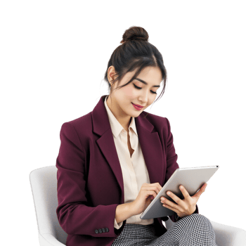 A woman in a business suit is sitting on a chair and using a tablet png