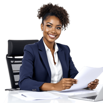 A smiling black woman in a business suit is sitting at her desk png