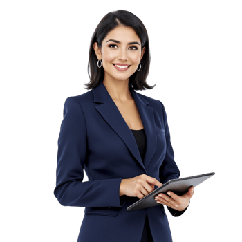 A business woman in a suit holding a tablet png