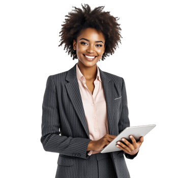 A smiling african american woman in a business suit holding a tablet png