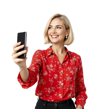 A woman in a red shirt is taking a selfie png