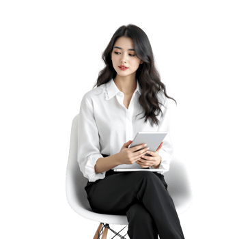 Asian woman sitting on chair with tablet png