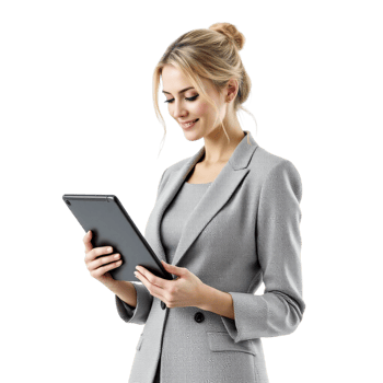 A woman in a business suit holding a tablet computer png