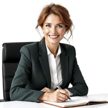 A smiling business woman sitting at a desk with a pen and notebook png