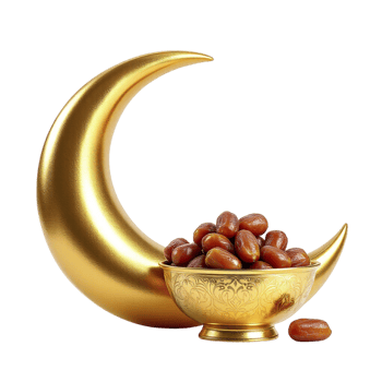 Dates in a golden bowl with a crescent on a black background png