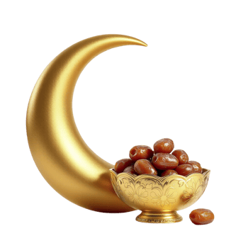 Dates in a golden bowl with a crescent on a black background png