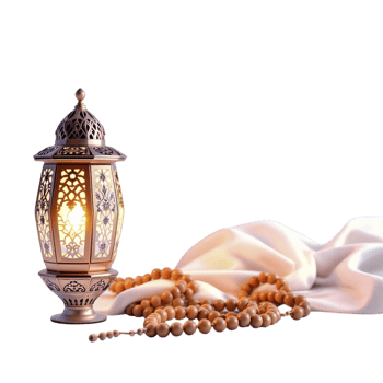 Ramadan lantern and rosary on a white cloth png