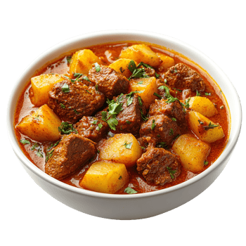 Beef curry with potatoes in bowl isolated on transparent background png