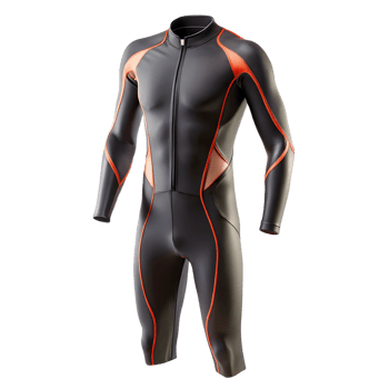 A black and orange wetsuit with a zipper png