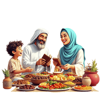 An illustration of a muslim family eating food png