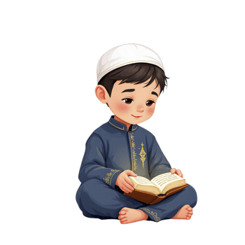 A cartoon boy in a muslim outfit reading a book png