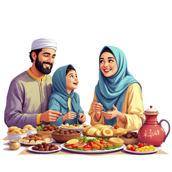 Muslim family eating food on a table png