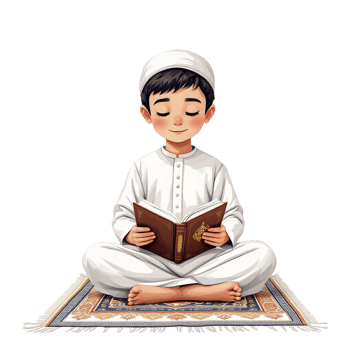 A boy in a white muslim outfit is reading a book png