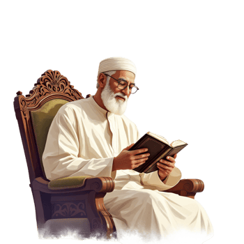 An old man in white robes sitting in a chair reading a book png