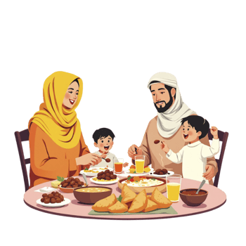 An illustration of a muslim family eating dinner png