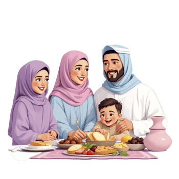 An illustration of a muslim family eating together png