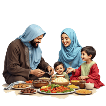 A family eating together in a traditional muslim meal png