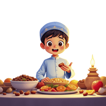 A cartoon boy in a traditional outfit is sitting at a table with food png