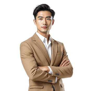 Asian man in a tan suit with his arms crossed png