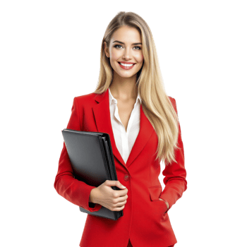 A beautiful young woman in a red suit holding a folder png