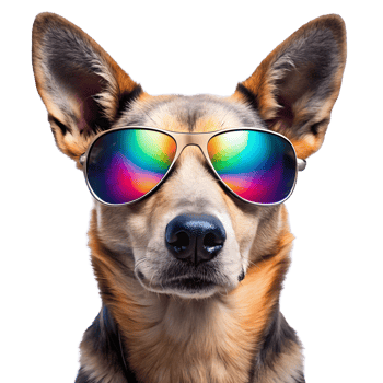 A dog wearing sunglasses with a rainbow background png