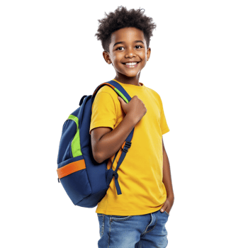 A young boy in a yellow shirt and blue jeans holding a backpack png
